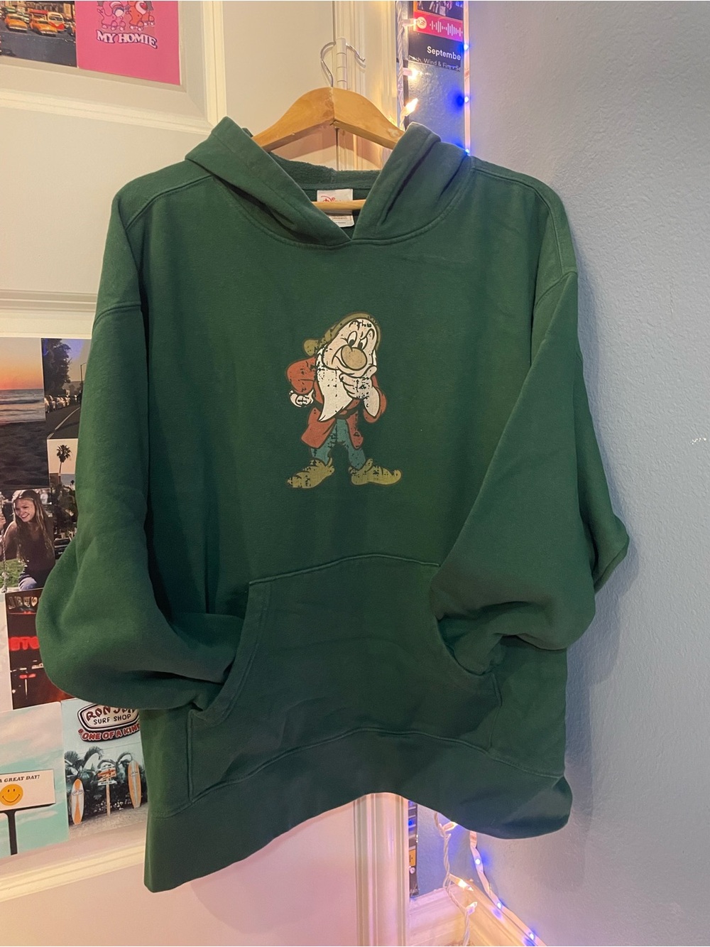 Green Hooded Sweatshirt with Vintage Cartoon Graphic